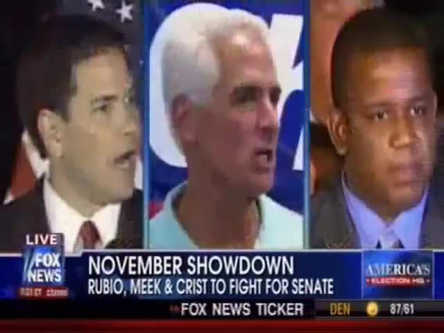 Clip image for 'Republican Marco Rubio independent Charlie Crist and Democrat Kendrick meek battling it out in a three way faceoff