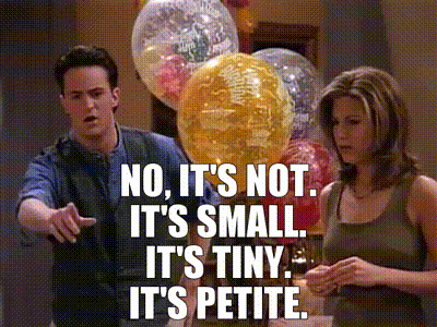 YARN | No, it's not. It's small. It's tiny. It's petite. It's wee. | Friends (1994) - S01E24 The One Where Rachel Finds Out | Video clips by quotes | eeb5a66a