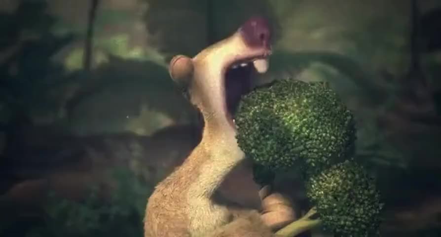 Sid's eating broccoli. Dinosaur eats Sid. Dinosaur steps on broccoli.